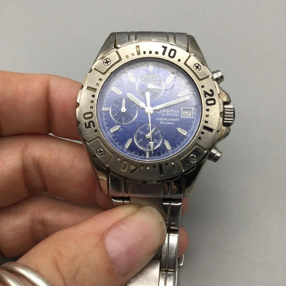 Caravelle By Bulova Mens Watch 39mm Blue Dial Chronograph New Battery 8.25